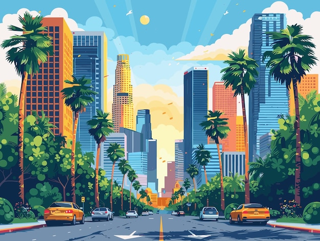 Vector los angeles landscape with skyscrapers palms and road vector illustration