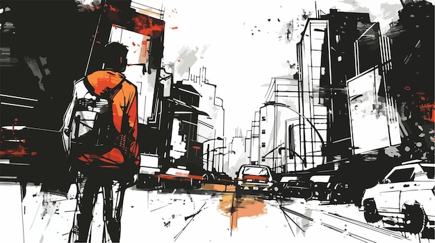 Vector lost among city streets mixed media handdrawn vector art