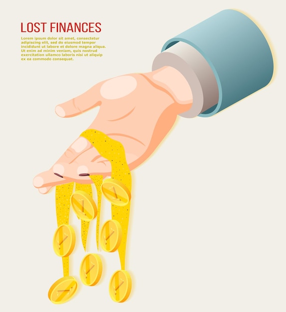 Lost finances isometric concept with coins falling from human hand