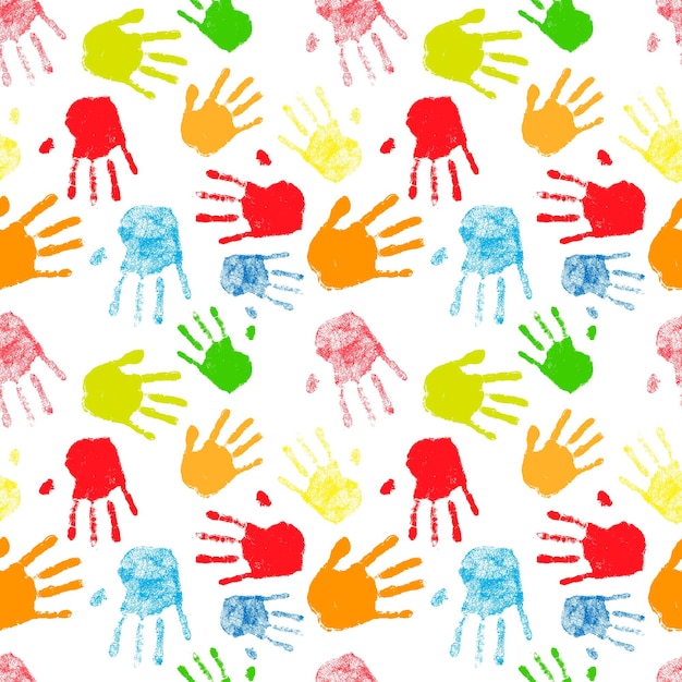 A lot of colorful silhouettes of human palm prints, seamless pattern on white