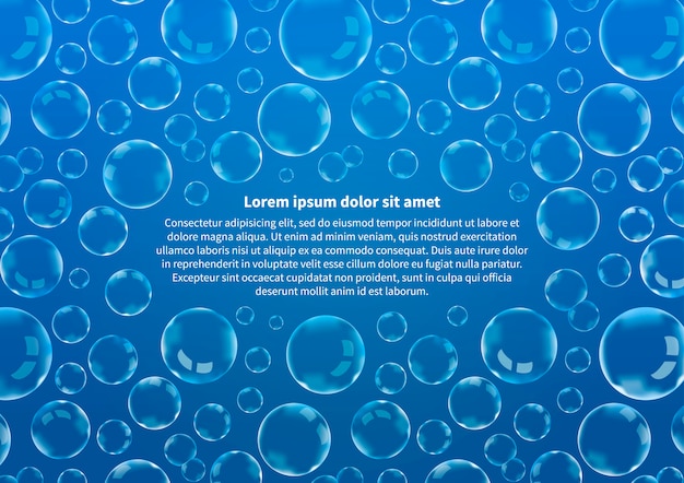 A lot of soap bubbles on blue with text, background A4 size