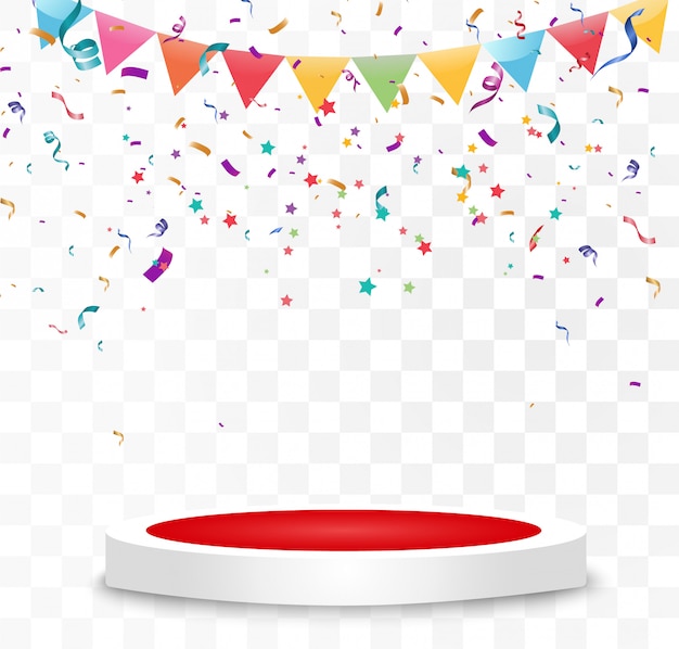 Lots of colorful tiny confetti and ribbons on transparent background. Festive event and party. Multicolor background. Colorful bright confetti isolated on the podium.