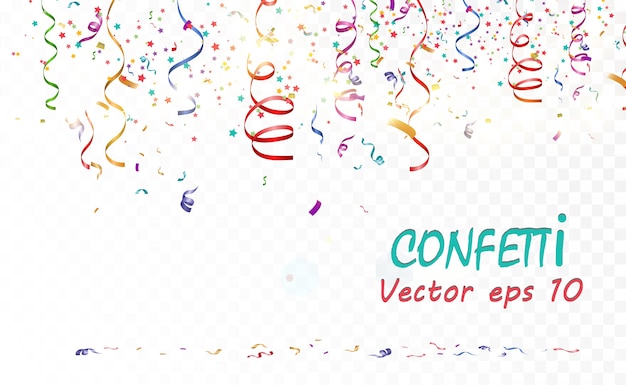 Lots of colorful tiny confetti and ribbons on transparent background. Festive event and party. Multicolor background.Colorful bright confetti isolated on transparent background