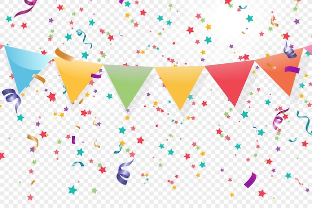 Lots of colorful tiny confetti and ribbons on transparent background. Festive event and party.