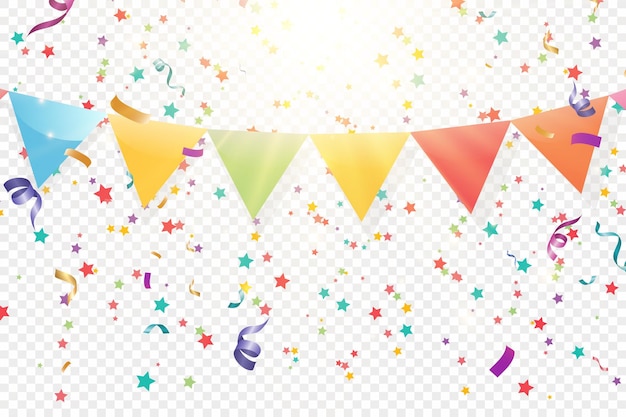 Lots of colorful tiny confetti and ribbons on transparent background. Festive event and party.