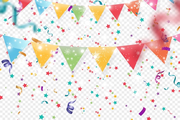 Vector lots of colorful tiny confetti and ribbons on transparent background. festive event and party.