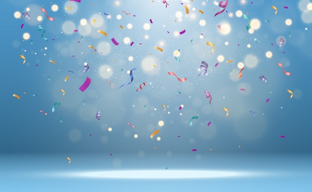 Lots of colorful tiny confetti and ribbons on transparent background.