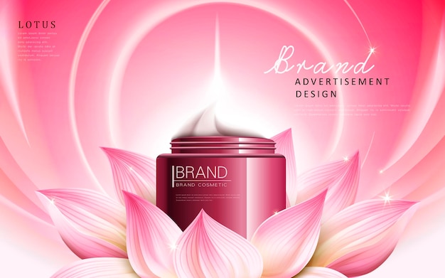 lotus essence cream ad contained in red cosmetic jar pink background 3d illustration