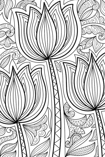 Lotus floral coloring book page in traditional henna style