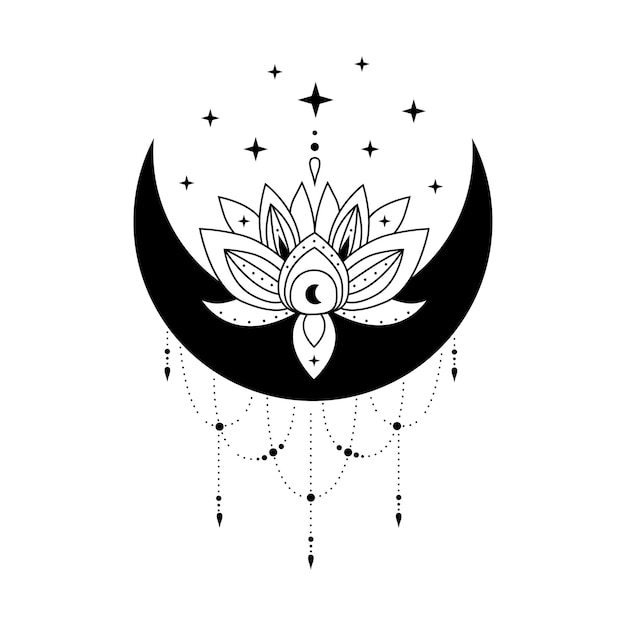 Lotus flowers with crescent moon and stars vector blooming lotus Lotus logo design Lotus spiritua