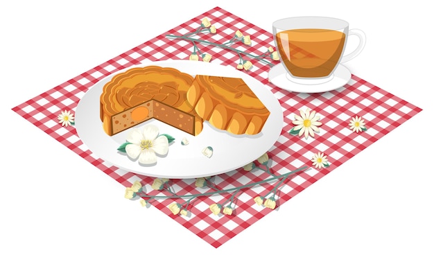 Lotus mooncake with teacup set on tablecloth