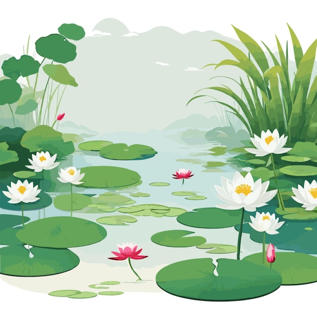 Lotus Pond Scenes vector on white background