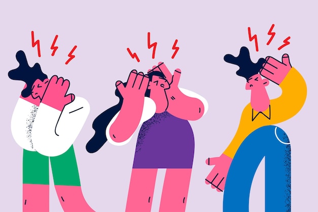 Loud sounds, irritation, shouting and screaming concept. Group of irritated stressed people standing covering ears from loud music or voice together vector illustration