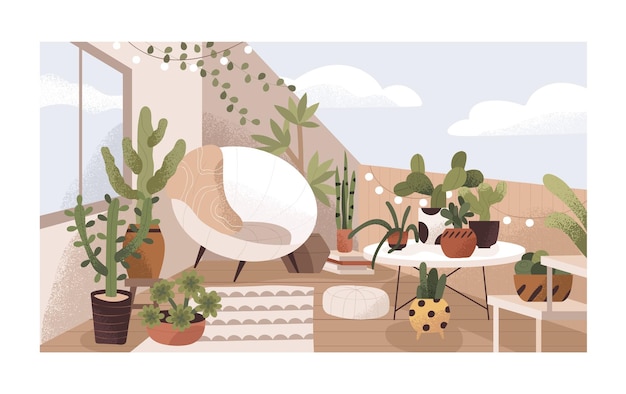 Lounge terrace or balcony garden with plants and furniture. Modern eco-style interior decorated with greenery, potted cactuses, cozy chair and bulbs. Colored flat textured vector illustration.