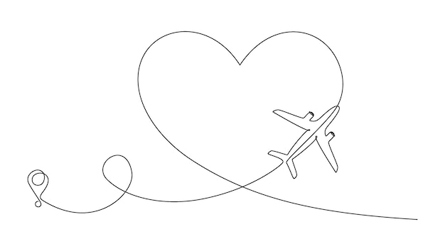 Love airplane route in one Continuous line drawing. Concept of Romantic vacation turism and travel. Hearted plane path. Simple vector illustration in linear style