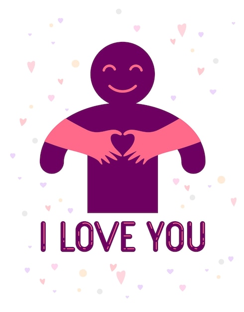 Love arms hugging lover and shows heart shape gesture hands, lover woman hugging his man and shares love, vector icon logo or illustration in simplistic symbolic style.