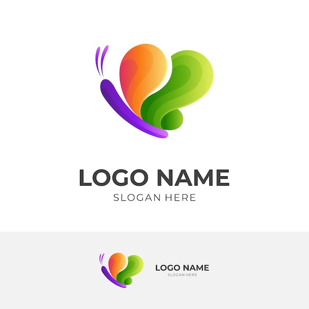 Love butterfly logo, love and butterfly, combination logo template  with 3d colorful style