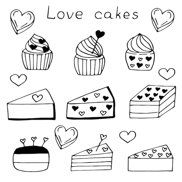 Love cakes set vector illustration, hand drawing sketch