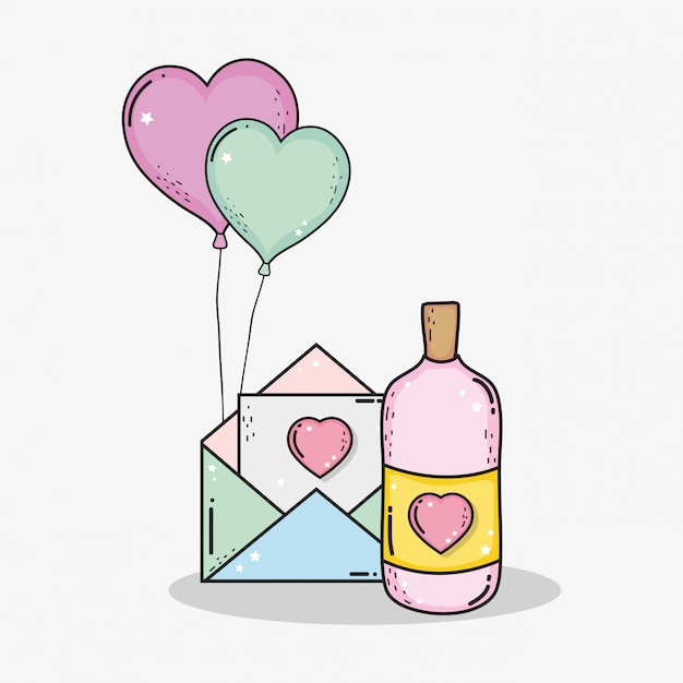 Love card with bottle botion and hearts balloons