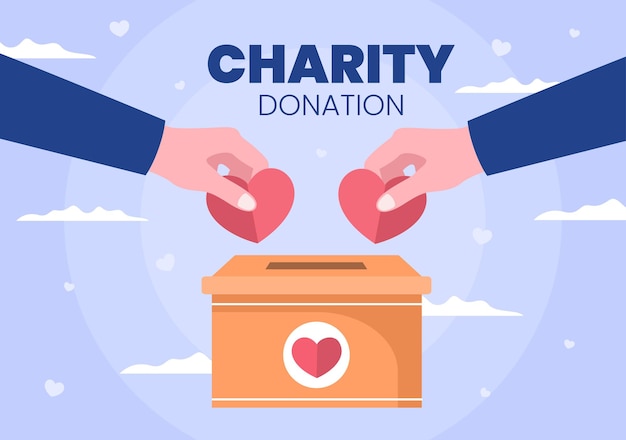 Love Charity or Giving Donation via Volunteer Team Worked Together to Help and Collect Donations for Poster or Banner in Flat Design Illustration