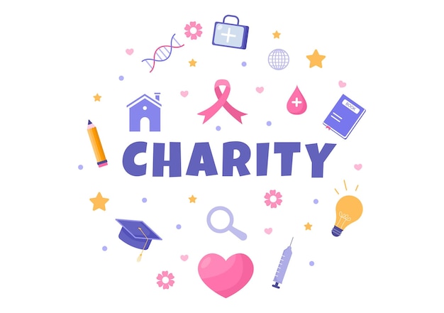 Love Charity or Giving Donation via Volunteer Team Worked Together to Help and Collect Donations for Poster or Banner in Flat Design Illustration