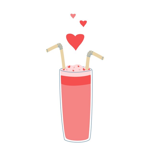 Vector love cocktail, two straws, hearts, pink red colors, cute flat illustration, isolated on the white