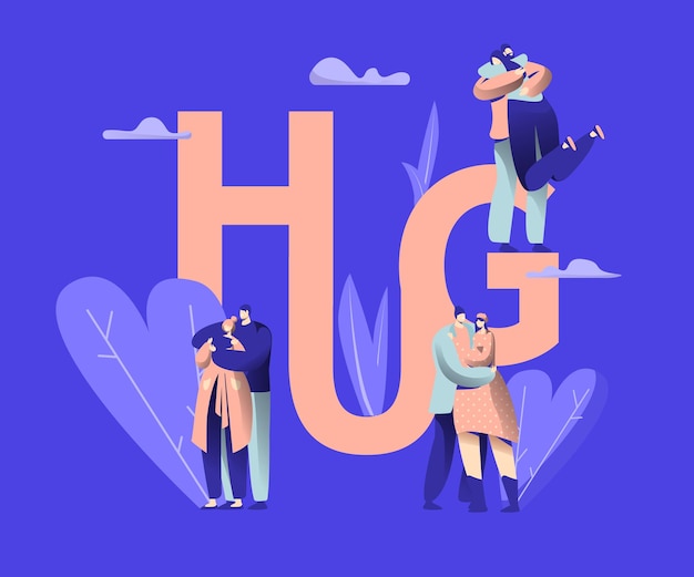 Love Couple Character Dating Hug Typography Banner.