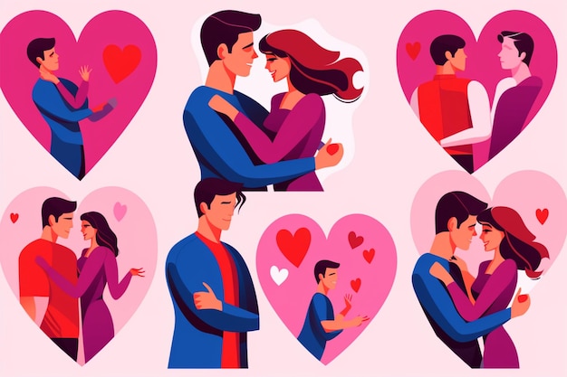 Love Couple Embracing in Different Heart Shapes