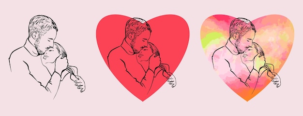 A love couple at heart. Vector black and white and color drawing. Valentine's Day. Love stories.