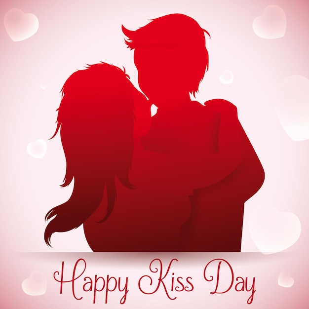 In love couple kissing silhouette with floating hearts in background for Kiss Day