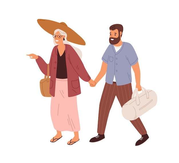 Love couple of people holding hands and walking. Man and woman of different ages traveling together. Old and young tourists. Colored flat vector illustration of travelers isolated on white background.