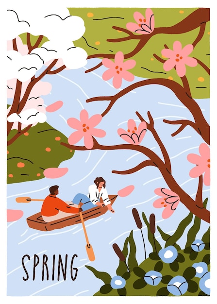 Love couple spring season date in nature Romantic man and woman in boat on river water Valentines enjoying blossomed flowers blooming trees outdoors Delicate postcard Flat vector illustration