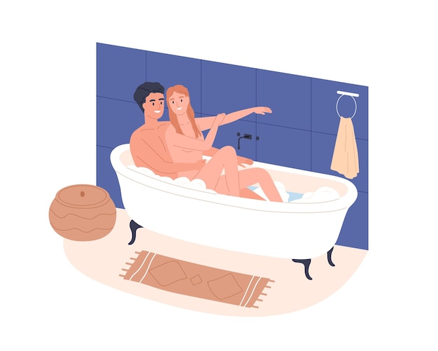 Love couple taking bath, relaxing in tub with foam, bubbles. Happy romantic man and woman resting together in bathtub in home bathroom. Flat vector illustration of lovers isolated on white background.