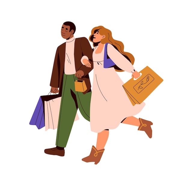 Love couple with shopping bags after fashion clothes sale. Happy man and woman with purchases.