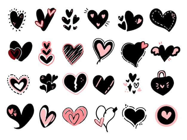 Love doodle drawing element logo symbol clip art set Black and pink sticker set modern drawing