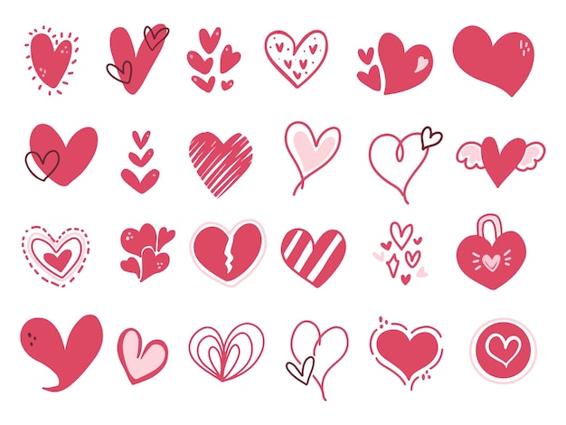 Love doodle drawing element logo symbol clip art set Pink sticker set modern and cute