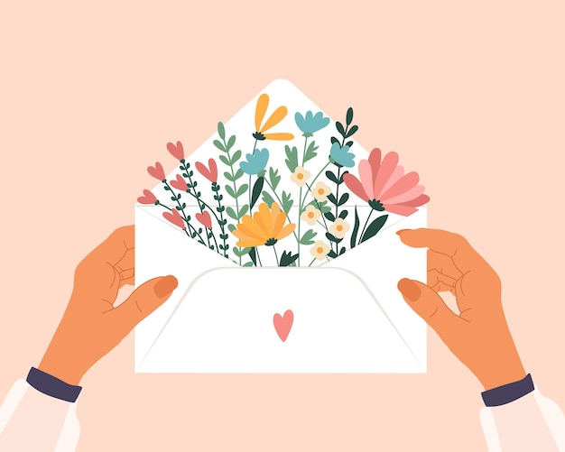 Love envelope in hand and flowers inside.