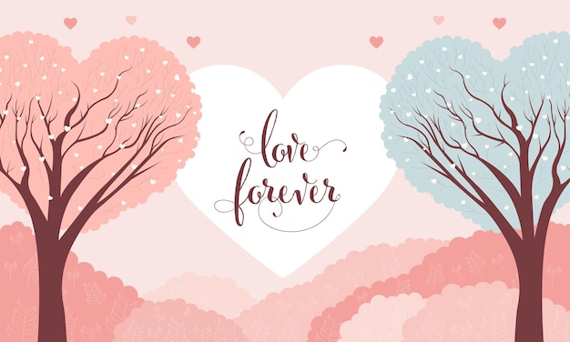 Love Forever Font With Heart Shape Trees On Pastel Pink Background Happy Valentine's Day Concept