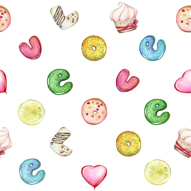 Love, from letters in the form of donuts, sweets and donuts. Watercolor seamless pattern.