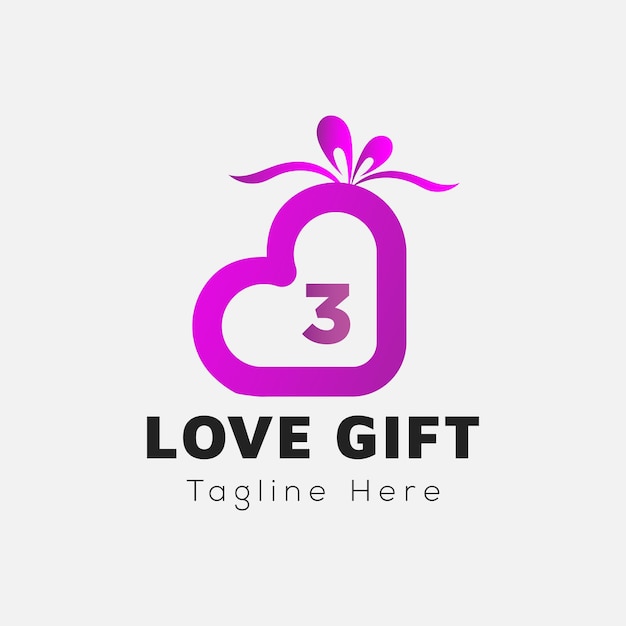 Love Gift Logo On Letter 3 Template. Gift On 3 Letter, Initial Gift Sign Concept