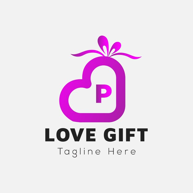 Love Gift Logo On Letter P Template. Gift On P Letter, Initial Gift Sign Concept