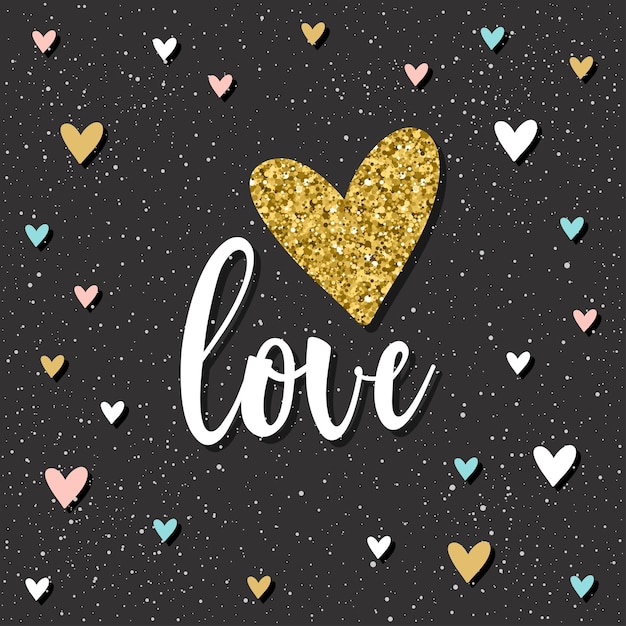 Vector love. handwritten love lettering and doodle hand drawn heart for design t shirt, wedding card, bridal invitation, poster, brochures, scrapbook, album etc. gold texture.