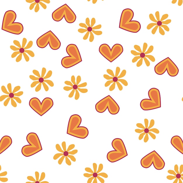 Vector love heart daisies waves of positivity retro 70s seamless pattern yellow orange red scattered heart shapes on a swirling background