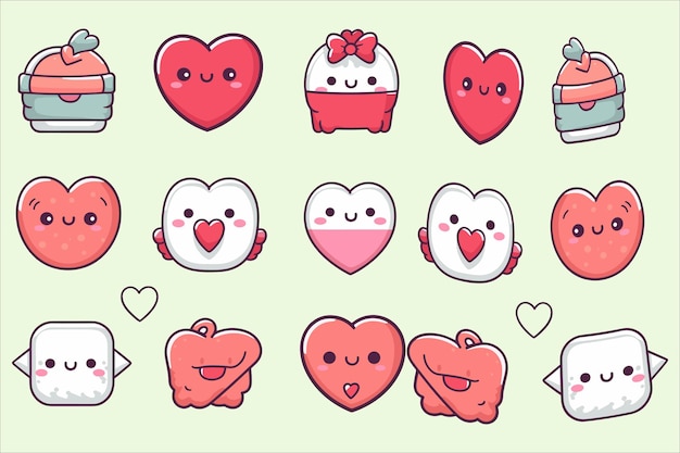 Vector love heart kawaii icon set vector