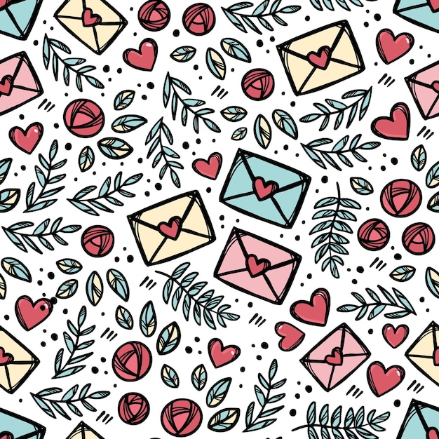 LOVE LETTER MAIL Floral Sketch With Branches And Leaves Roses. Hand Drawn Cartoon Seamless Pattern