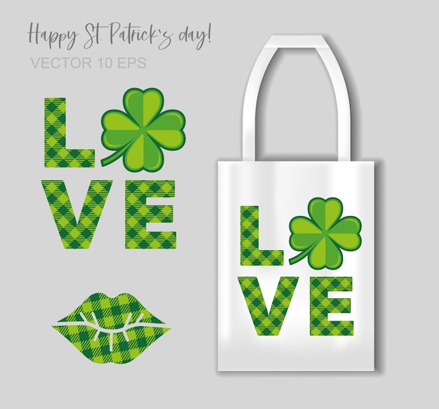 Love lettering with leafs clover Illustration with tote bag mockup