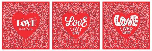 Love lives here Valentine's Day lettering quote design in heart shape