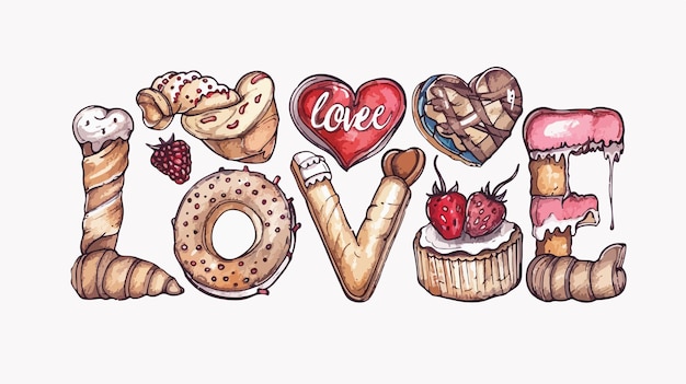 Vector love made with baked items pastry sketch