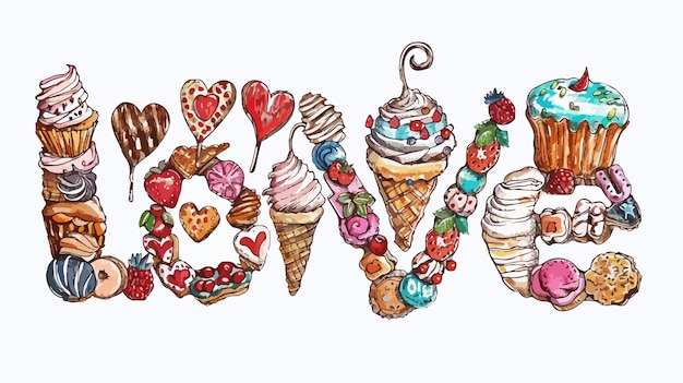 Vector love made with baked items pastry sketch