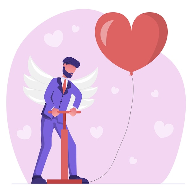 Love. A man with wings inflates a balloon in the shape of a heart. A cupid angel